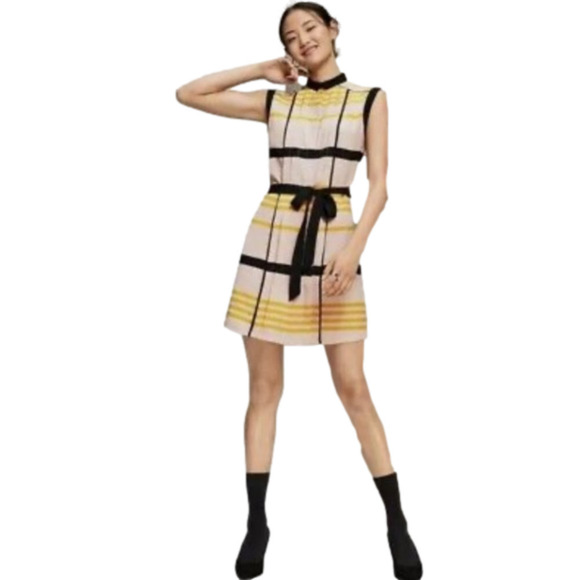 Jason Wu pink striped pleated collared shirt shift dress cap sleeves L - Picture 3 of 6